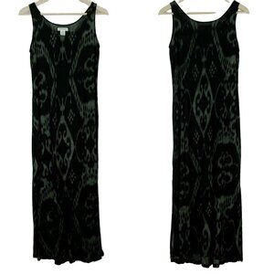 Orvis Midi Tank Dress M Black Taupe Ikat Split Hem Lightweight Shift‎